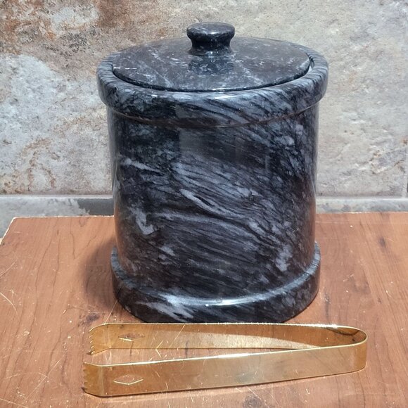 Vintage Dark Grey Heavy Marble Ice Bucket Matching Lid Pair Gold Toned Metal To - Picture 2 of 10